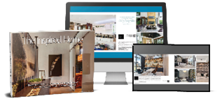 The printed book shown beside a desktop monitor and a tablet, each displaying the same interior design feature.