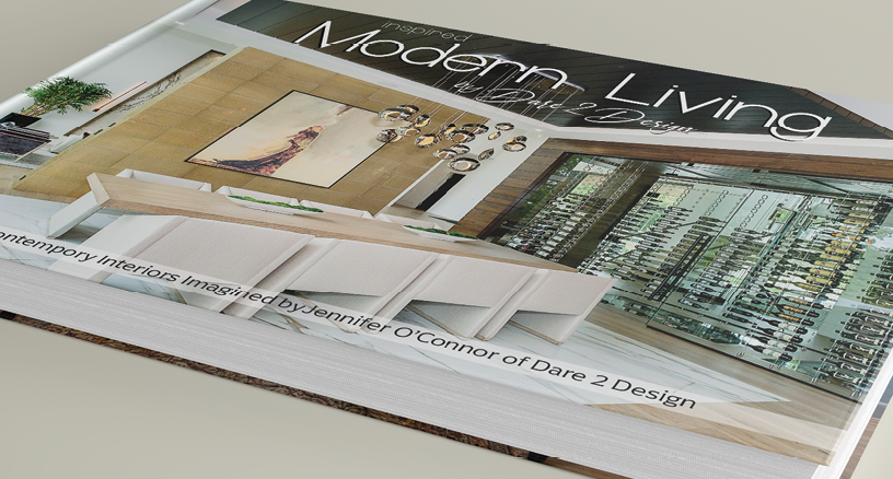 Custom-branded copies of Modern Living stacked on a table, each wrapped in a designer&rsquo;s own cover photography and studio name.