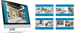 A digital brochure previewed on a desktop monitor alongside four page thumbnails of the printed layout.