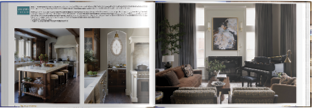 A two-page editorial spread showing an open kitchen with timber beams flowing into a living room with a grand piano and a large framed artwork above the fireplace.