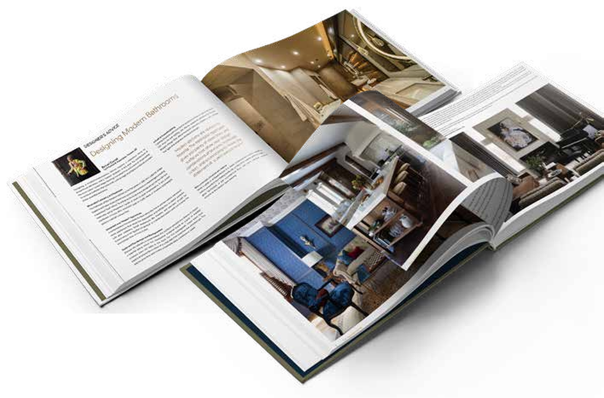 Two copies of the book lying open, one showing a designer&rsquo;s advice feature on modern bathrooms, the other a full-bleed interior spread.